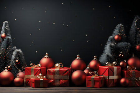 Red and gold Christmas gifts and ornaments arranged beautifully against a dark background. Festive and elegant holiday scene.の写真素材