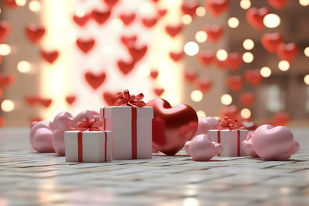 Pink and red gifts with hearts on Valentine's Dayの写真素材