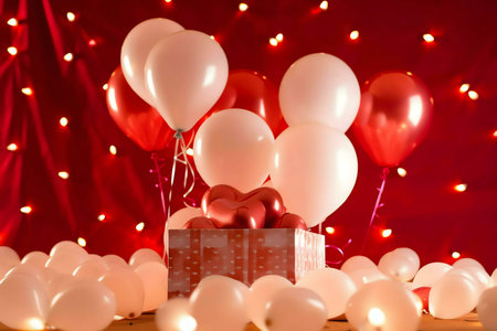 A present with heart-shaped balloons for Valentine's Day.の写真素材
