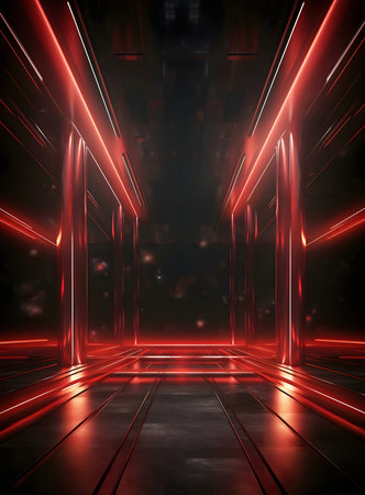 Cyberpunk digital art depicting a futuristic red neon corridor. Glowing lines and metallic surfaces create an intense atmosphere.の写真素材