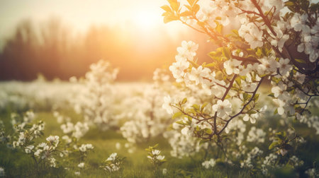 A breathtaking spring meadow bathed in sunlight, showcasing a vibrant display of white blossoms. Peaceful and serene.の写真素材