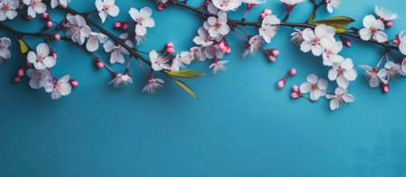 Close-up of delicate spring blossoms arranged on a turquoise backdrop.の写真素材