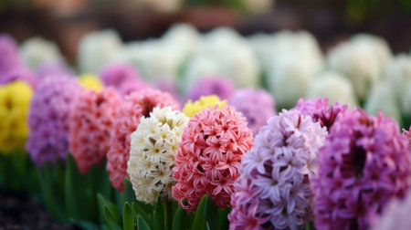 Close-up of colorful hyacinths in full bloom. A vibrant spring garden scene.の写真素材