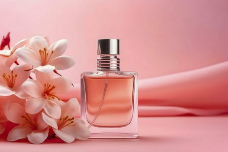 A picture of a glass perfume bottle with a pink liquid and a bouquet of pink flowers.