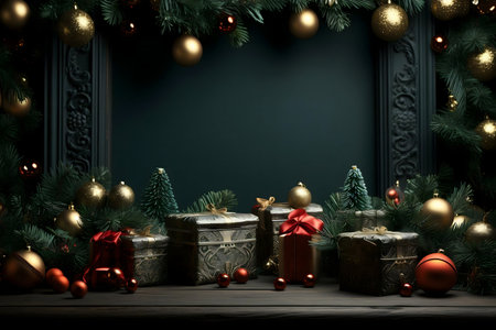 Luxury Christmas scene with presents, ornaments, and fir branches. Dark green background, gold accents.の写真素材