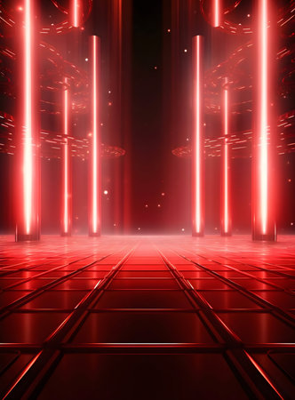 Abstract red neon lights, cyberpunk style background.の写真素材