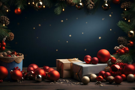 A beautiful Christmas scene with red ornaments, gold gifts, and pine branches on a dark background.の写真素材