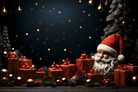 A captivating Christmas scene featuring Santa Claus's head surrounded by beautifully wrapped presents and festive ornaments.の写真素材