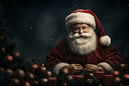 Santa Claus in a festive portrait with Christmas ornaments.の写真素材