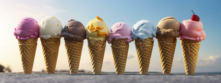 Eight colorful ice cream cones in a row on a sunny day.