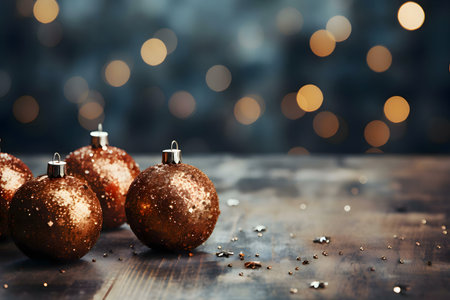 Copper Christmas baubles with sparkle on rustic woodの写真素材