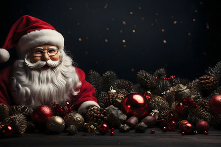 Santa amidst Christmas ornaments and pine conesの写真素材