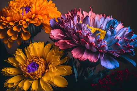 Three vibrant flowers in striking colors. A captivating close-up showing their intricately detailed...