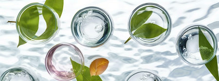 Close-up shot of skincare essence in glass bowls with green leaves