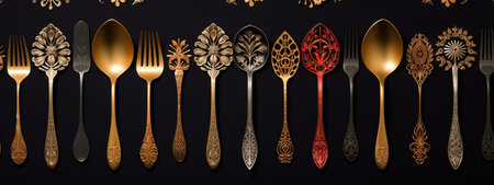 A stunning collection of ornate gold and black cutlery. Each piece is beautifully detailed.