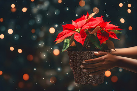A stunning red poinsettia in a glittery pot, held gently against a bokeh background of Christmas lights and snow.の写真素材