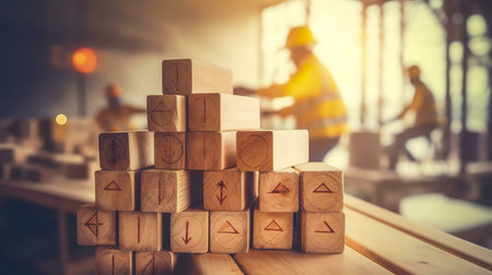Wooden blocks stacked on a construction site, symbolizing teamwork and buildingの写真素材