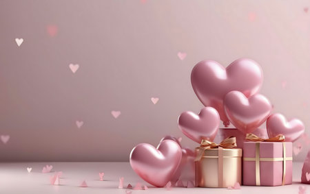Pink hearts and elegant gifts create a romantic Valentine's Day scene.の写真素材