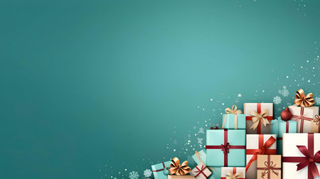 Many Christmas gifts piled together on a teal background. Festive and joyful holiday scene.の写真素材