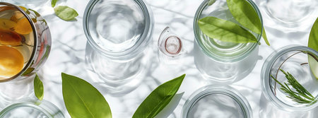 Close-up of glass containers filled with water and various plants, creating a tranquil atmosphere.の写真素材