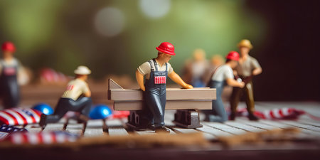Small figurines of construction workers building on a surface decorated with American flags.