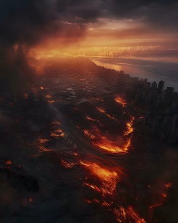 A city consumed by fire, a fiery sunset casting an eerie glow over the ruins. End of the world scenario.の写真素材