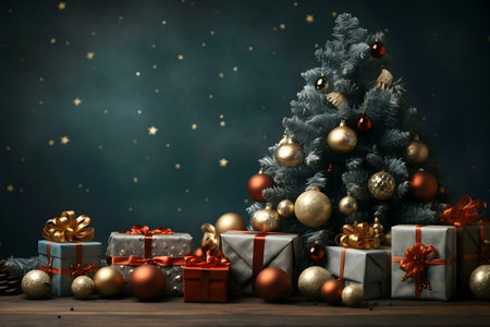 A beautifully decorated Christmas tree surrounded by elegantly wrapped gifts, creating a festive and heartwarming scene.の写真素材