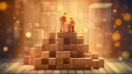 Two tiny construction workers on a wooden block pyramid. Teamwork conceptの写真素材