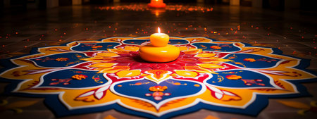 A vibrant Rangoli design for Diwali, illuminated by a candle.