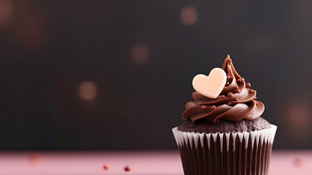 A single chocolate cupcake, adorned with a delicate heart-shaped decoration, sits on a pink surface.の写真素材