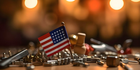 A tiny American flag stands among various small metal pieces, set against a softly blurred background. Patriotic and industrial feel.の写真素材