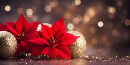 Red Poinsettia flowers with golden glitter ornaments, festive Christmas holiday season.の写真素材