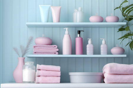 Pastel pink bathroom shelves neatly organized with towels, various bottles, and candles. Clean and serene atmosphere.の写真素材