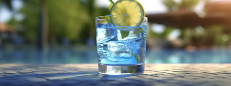 A vibrant blue cocktail garnished with lime, sits by a sparkling pool. Perfect summer refreshment!の写真素材
