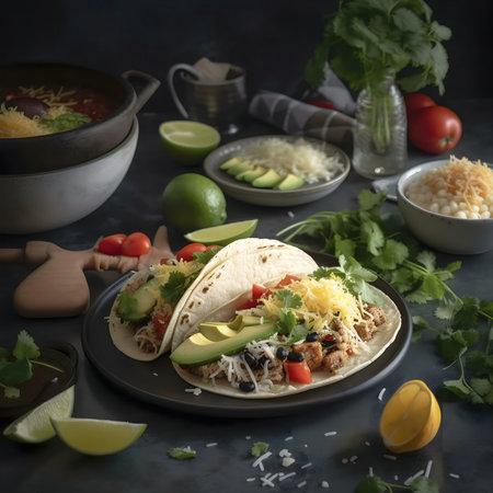 Two tasty chicken tacos with avocado, cheese and cilantro on a dark background.の写真素材