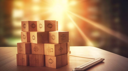 A stack of wooden blocks forming a unique puzzle sits on a wooden table, bathed in the warm light of a sunset.の写真素材