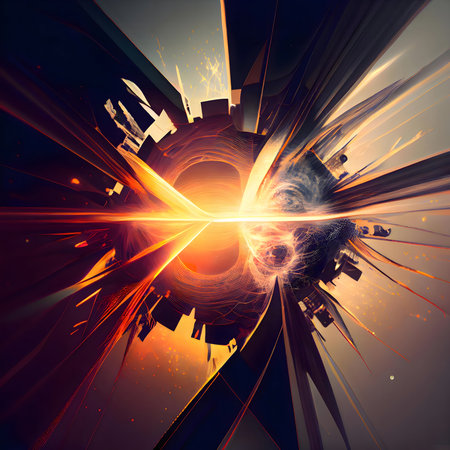 A vibrant, abstract digital artwork depicting a fusion of a city and space. The cosmic energy is...