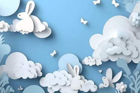 Adorable papercut bunnies amongst fluffy clouds and butterflies in a serene blue sky. A delightful, childlike artwork.の写真素材