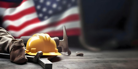 A yellow hard hat and tools rest before a blurred American flag, symbolizing American labor and industry.の写真素材