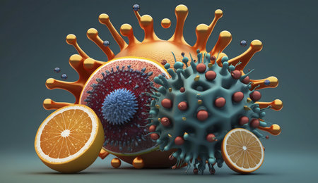 3D artwork showing immune cells and virus with oranges, representing immunity and vitamin Cの写真素材
