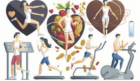 Illustration of people exercising and healthy food choices emphasizing a balanced lifestyle.の写真素材
