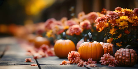 Pumpkins and Chrysanthemums on a wooden surface. Autumn still life photography.