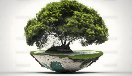 A solitary, lush tree thrives on a miniature Earth. A powerful image symbolizing environmental protection.の写真素材