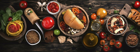 A vibrant overhead shot of various Mediterranean dishesの写真素材
