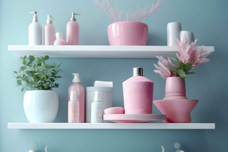 Pastel pink bathroom shelf with beauty products, plants, and decorative vases. Calm and serene atmosphere.の写真素材