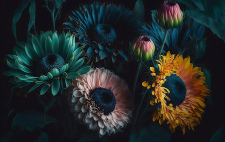 Close-up of a vibrant flower bouquet, showcasing teal, pink, and gold blooms. Deep shadows enhance...