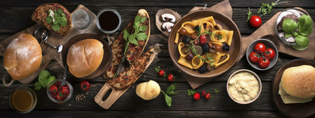 A captivating overhead shot showcasing a delectable spread of Italian-inspired dishes, including pasta, grilled bread, and fresh ingredients.の写真素材