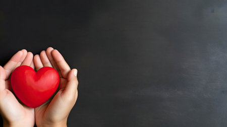 A red heart held gently in two hands, representing love, care, and compassion.の写真素材