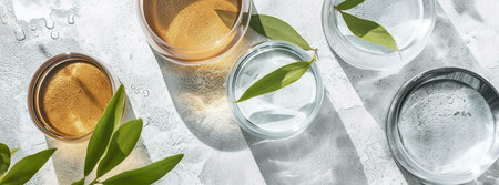 Close-up of natural skincare products in glass containers with green leaves on a light background.の写真素材