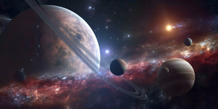 Stunning cosmic scene featuring planets, nebula, and stars. A captivating view of the universe.